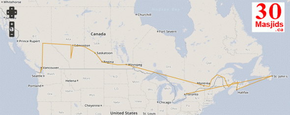 30 masjids Canada map - route - initial