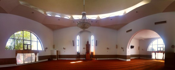 07 - Main Prayer Hall, Sunlight through Mihrab and Mimbar, Ottawa Main Mosque, Jumah Friday August 2 2013