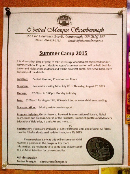 011 - Jaame Masjid Scarborough - Central Mosque Scarborough - Flyer on Bulletin Board - Summer Camp 2015 - Sunday June 22 2015