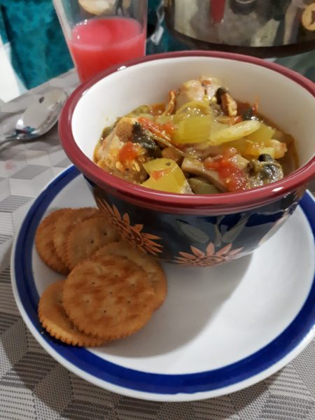 vegetable and chicken soup and crackers