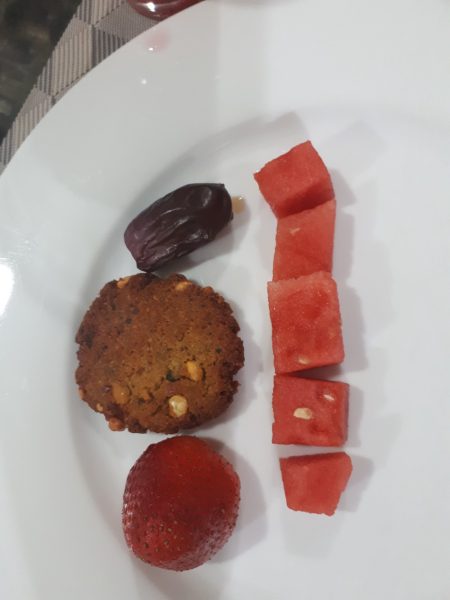 dates, dal wada (like a falafel) strawberry and watermelon